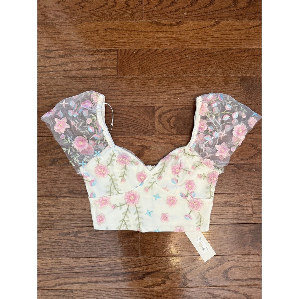 Altar'd State Ambrose GG364 Floral Embroidered Mesh Sleeve Crop Top Pink XS NWT
